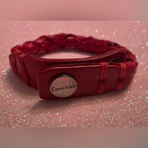 Calvin Klein Red Leather Braided Bracelet Adjustable Button Snap Cord Y2K